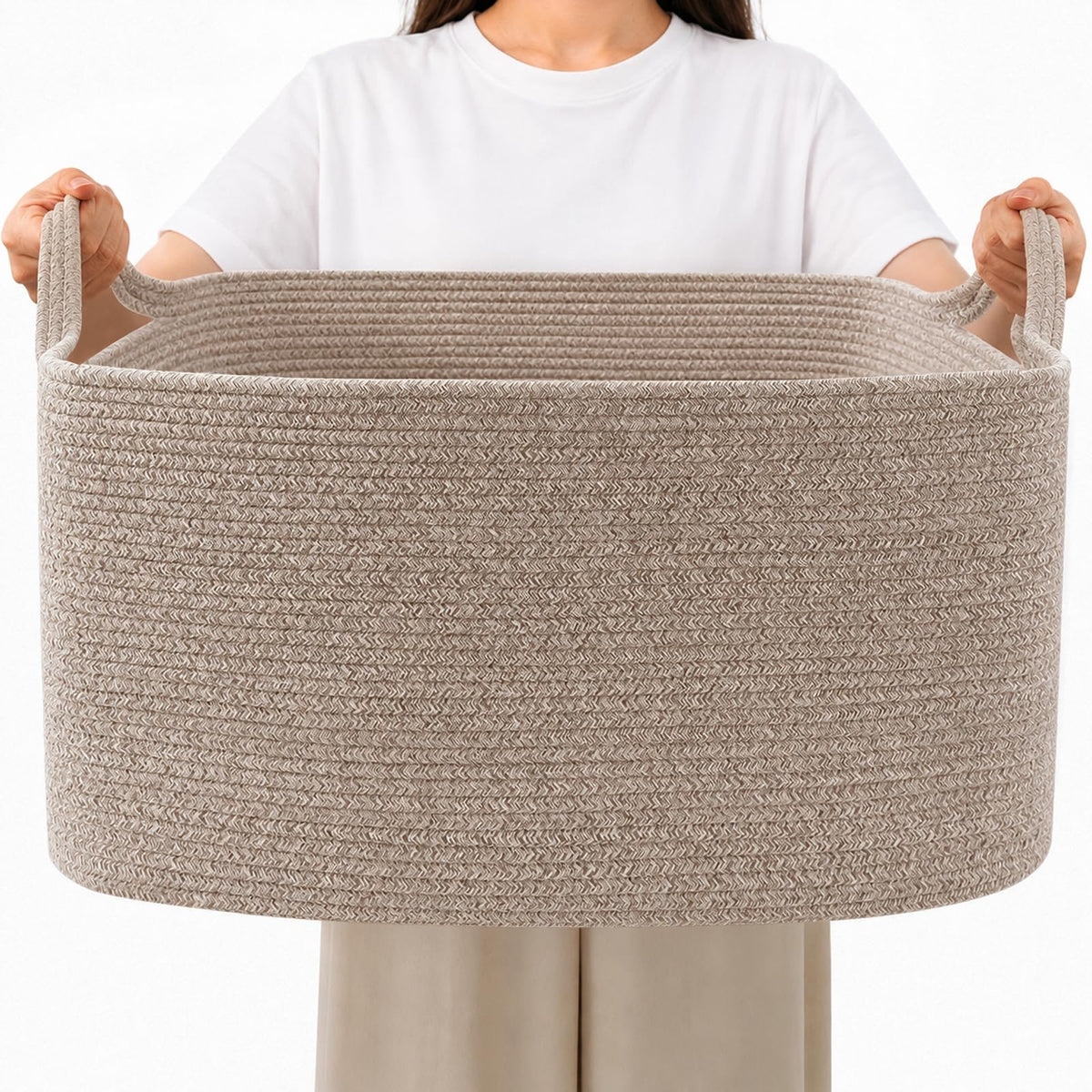 65L Laundry Basket with Handles, Woven Blanket Basket, White/Brown