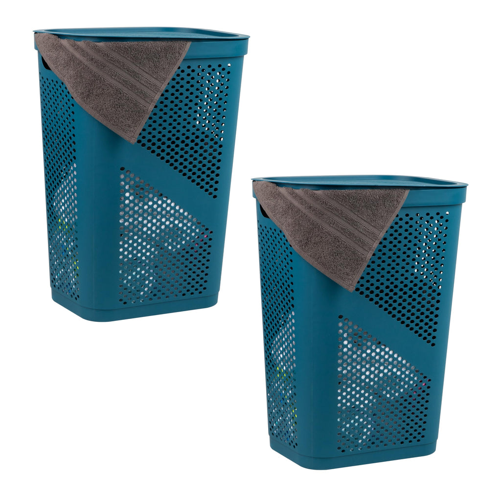 Mind Reader Slim Laundry Hamper with Lid, 60L Clothes Basket, Ventilated Plastic, Black