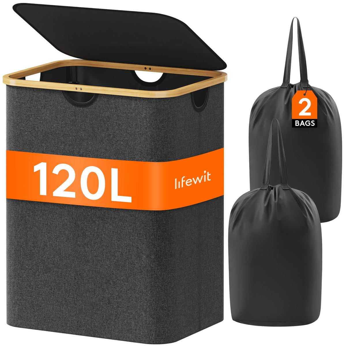 Lifewit 105L Large Laundry Basket with Lid, Removable Bags, Black