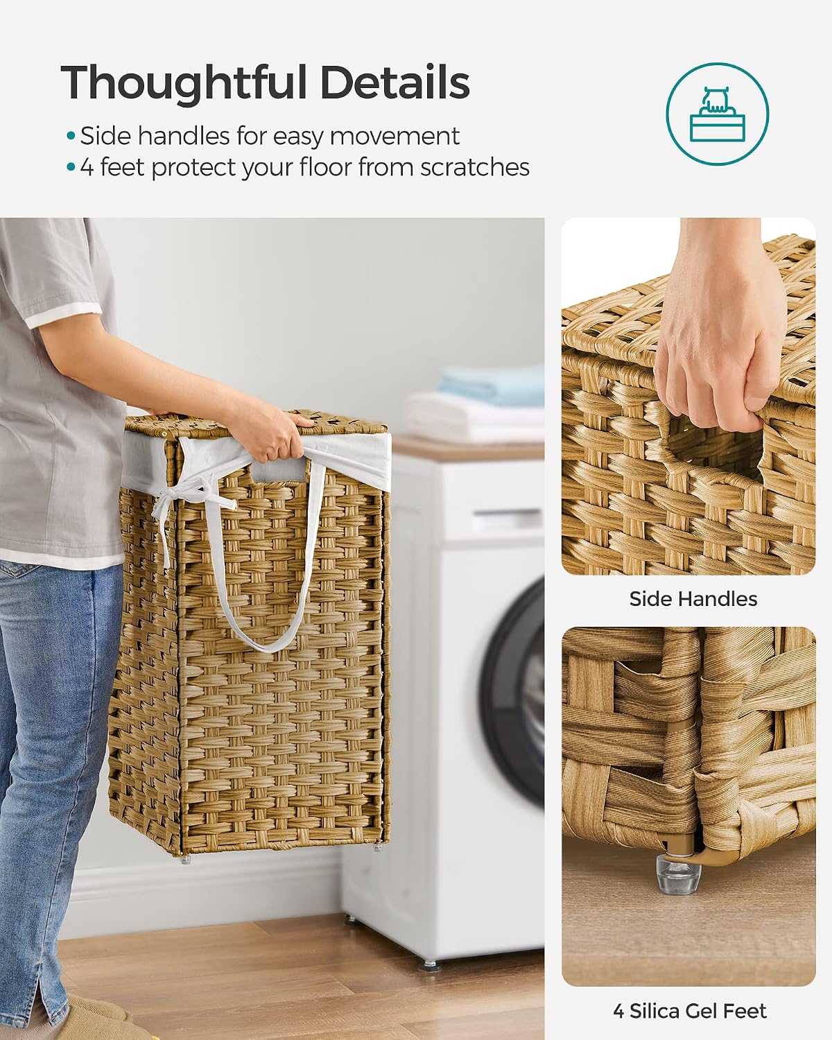 SONGMICS Laundry Hamper with Lid, 17.2 Gallon (65 L) Synthetic Rattan Clothes Laundry Basket with Lid and Handles, Foldable, Removable Liner, Goose Yellow ULCB165N01