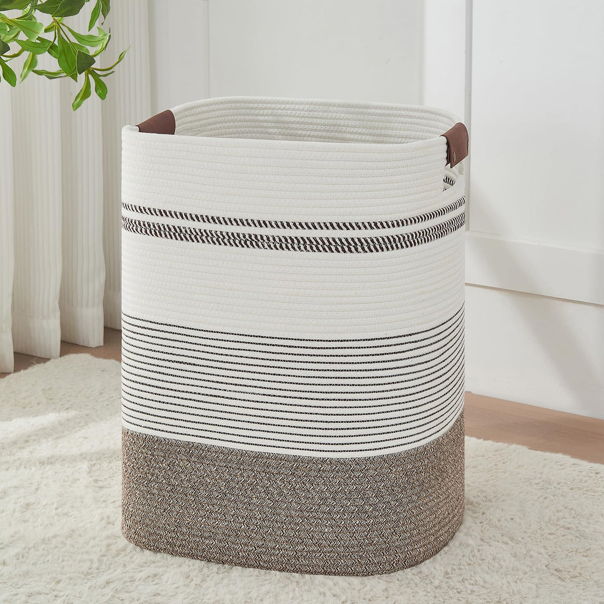 Large Laundry Hamper Basket, 85L Cotton Rope Woven Storage Bin for Blankets, Dirty Clothes Toys, Decorative Tall Basket with Leather Handles for Living Room, Bedroom, Bathroom, Nursery, Jute