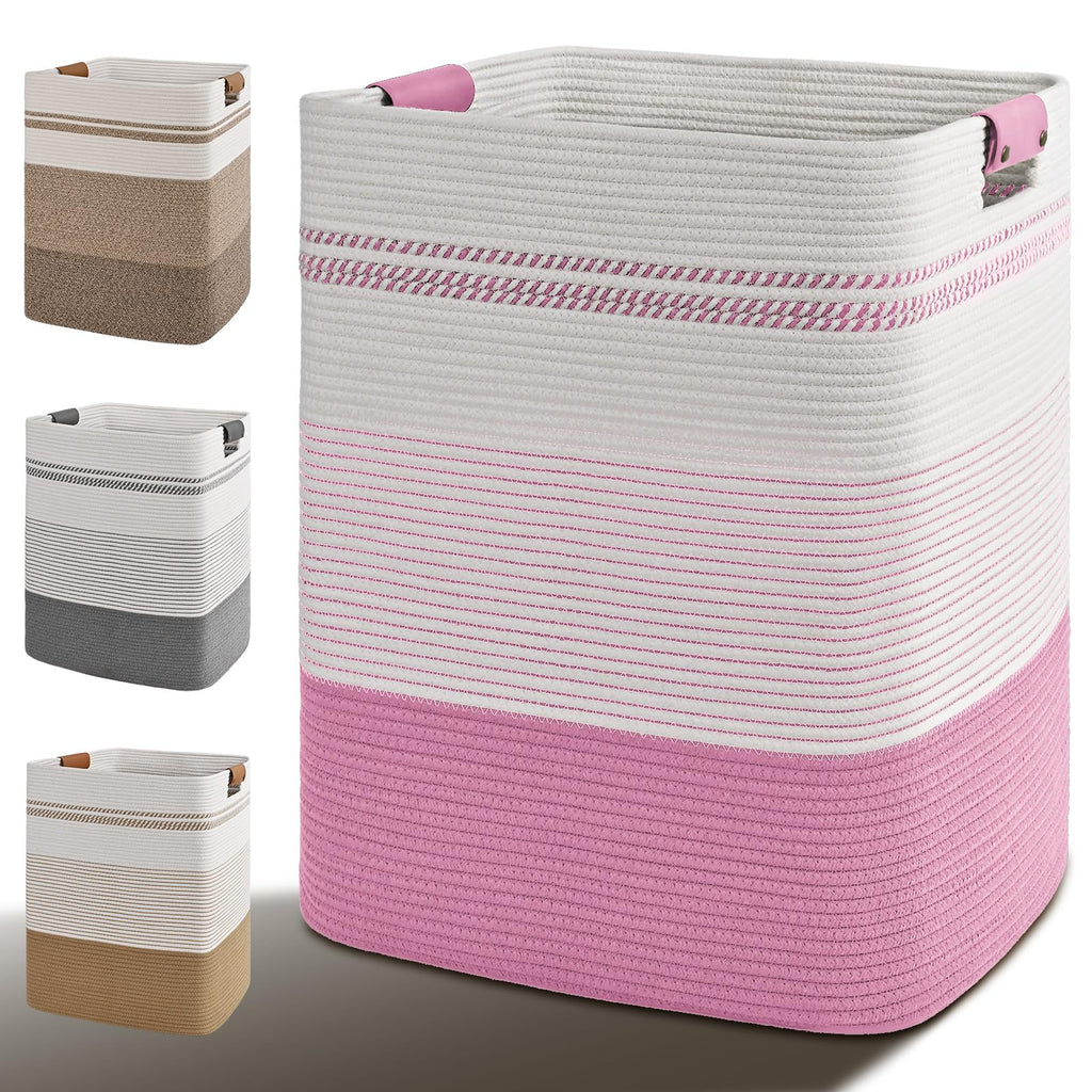 Laundry Hamper, 85L Tall Laundry Basket with Leather Handles, Rectangle Large Clothes Hamper for Organizing, Cotton Woven Laundry Baskets Storage Hampers for Bedroom, Nursery, Living Room