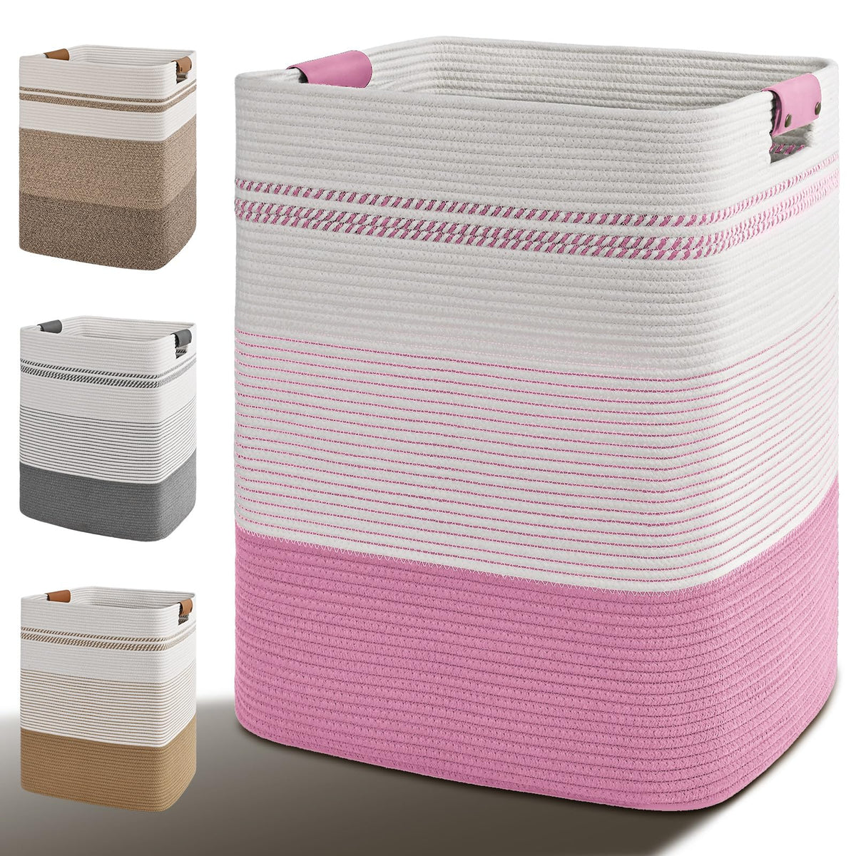Laundry Hamper, 85L Tall Laundry Basket with Leather Handles, Rectangle Large Clothes Hamper for Organizing, Cotton Woven Laundry Baskets Storage Hampers for Bedroom, Nursery, Living Room