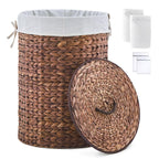 Round Water Hyacinth Laundry Hamper with Lid Handwoven Wicker Basket with Handles for Dirty Clothes, Storage, and Organization Ideal for Bedroom, Bathroom, and Laundry Room, No Assembly Required, 60L