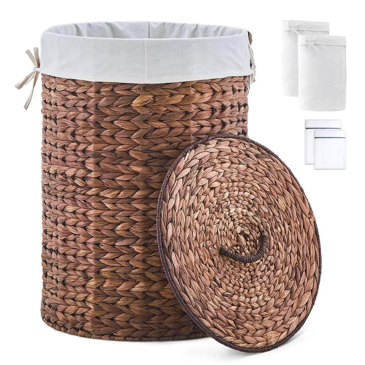 Round Water Hyacinth Laundry Hamper with Lid Handwoven Wicker Basket with Handles for Dirty Clothes, Storage, and Organization Ideal for Bedroom, Bathroom, and Laundry Room, No Assembly Required, 60L