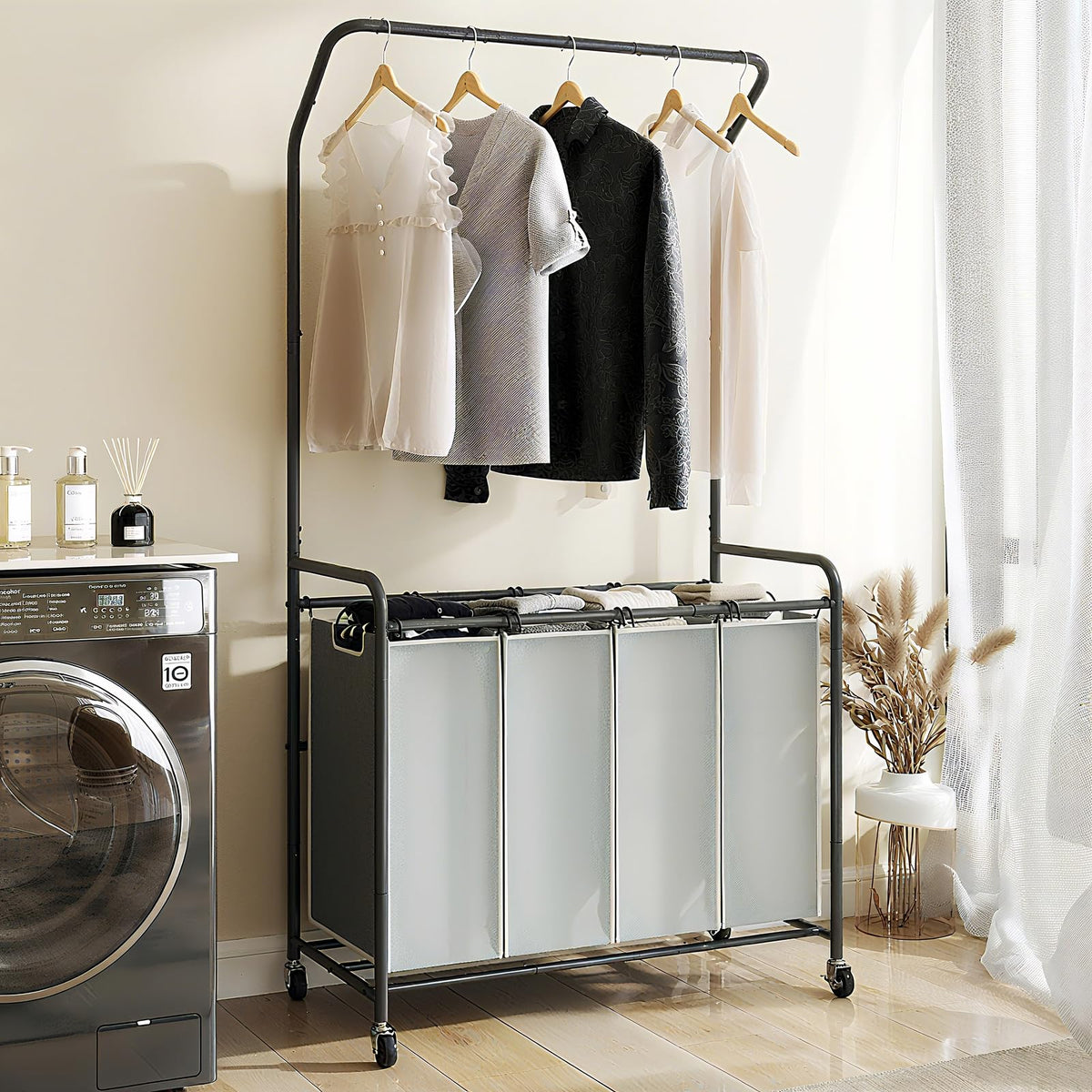 ROMOON Laundry Hamper Sorter Cart, 4-Section Organizer with Lockable Wheels