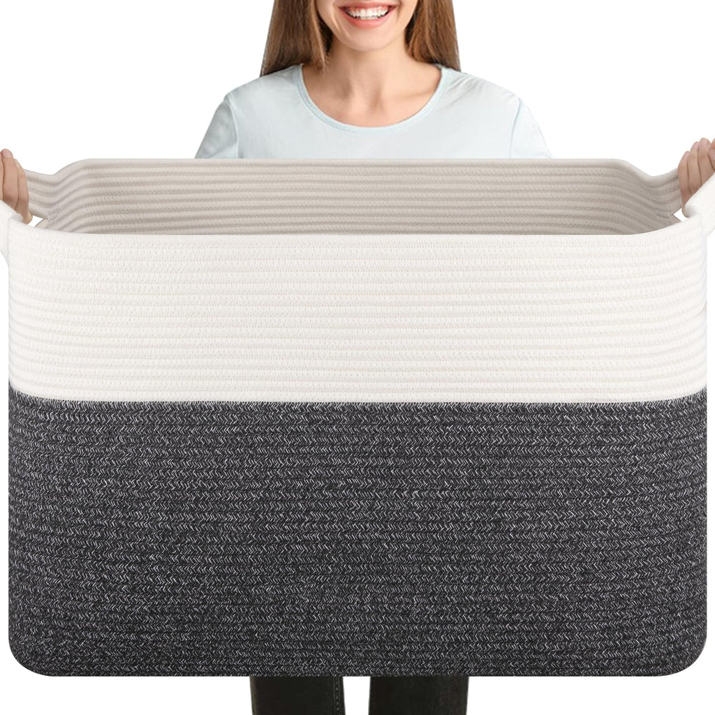OIASKET 108L Cotton Rope Storage Basket for Living Room and Bedroom 25"x16"x16" Woven Laundry Basket, Heavy Duty Bin for Blankets, Pillows & Toys, Pet-Safe & Scratch-Free, Brown and White