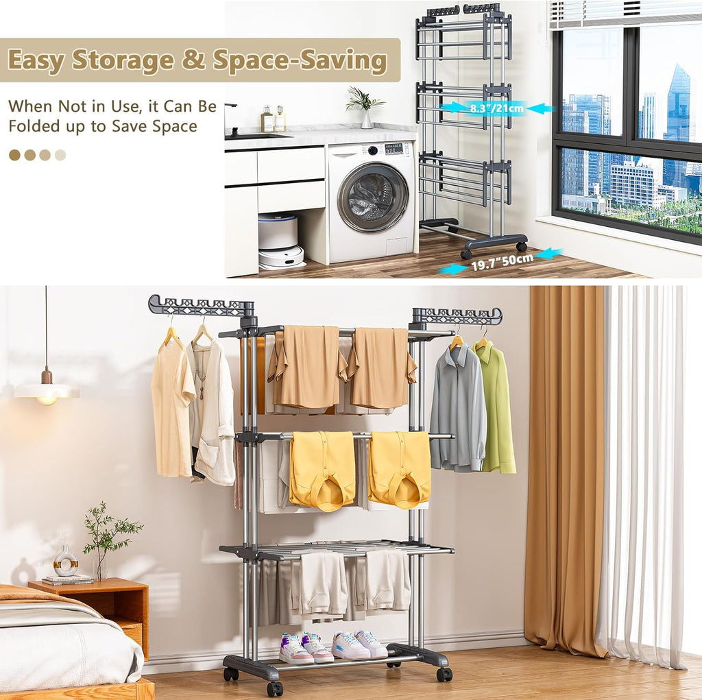 Upgraded 4-Tier Clothes Drying Rack, Drying Rack Clothing with Wheels