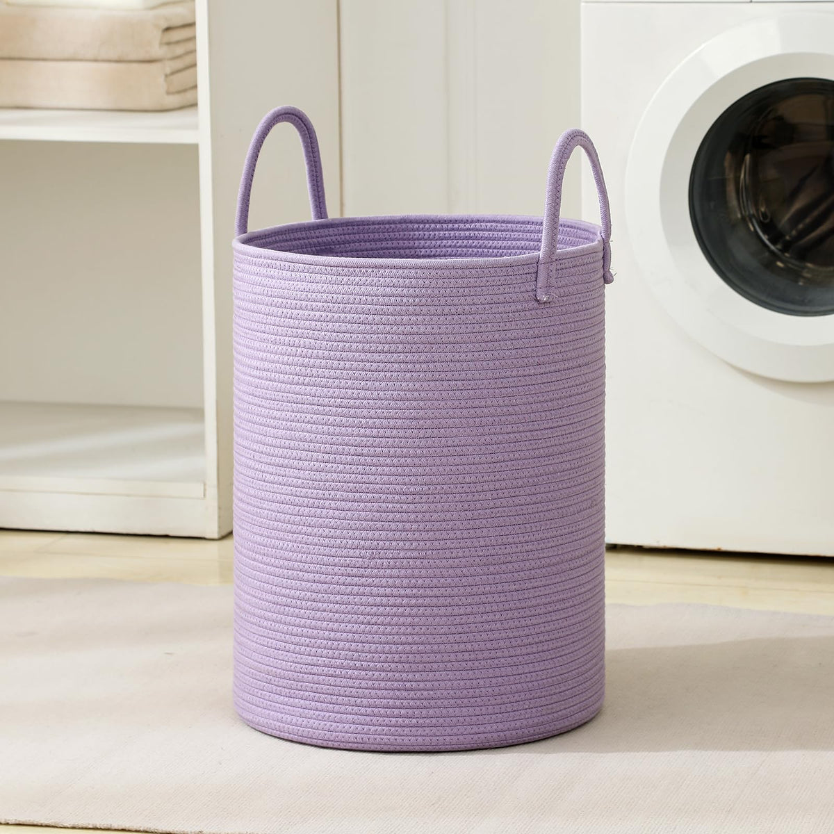 Laundry Basket Hamper Tall Rope Storage Woven for Blanket Toys Dirty Clothes in Living Room Bathroom Bedroom White & Brown 60L/15.8Gal