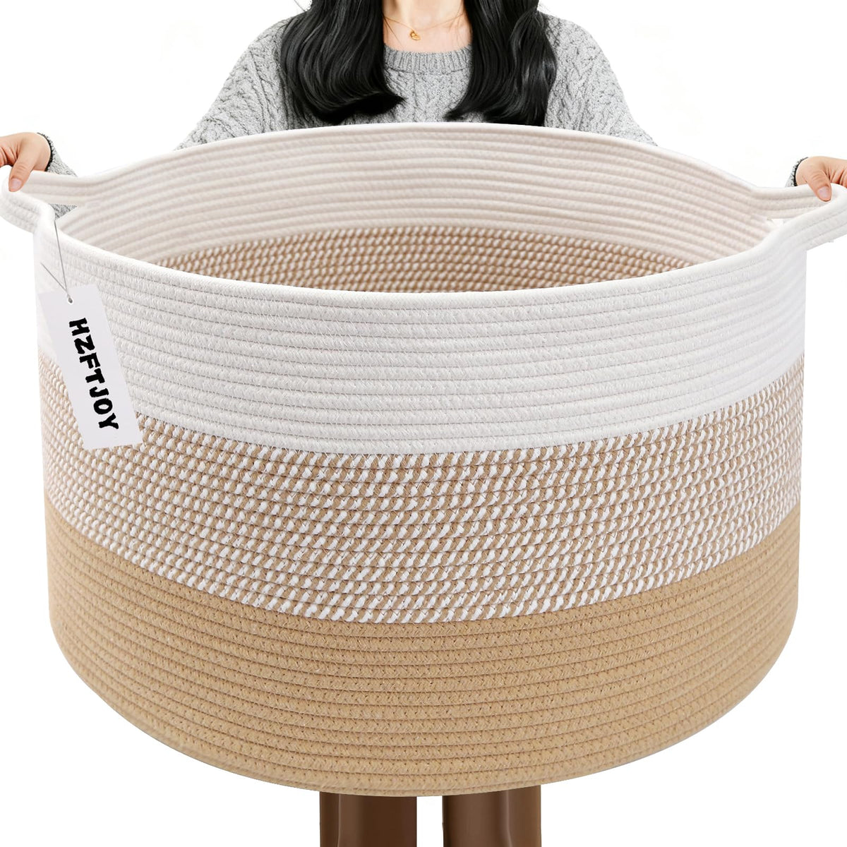 Large Woven Blanket Basket,65L Cotton Rope Laundry Basket