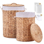 Round Water Hyacinth Laundry Hamper with Lid Handwoven Wicker Basket with Handles for Dirty Clothes, Storage, and Organization Ideal for Bedroom, Bathroom, and Laundry Room, No Assembly Required, 60L