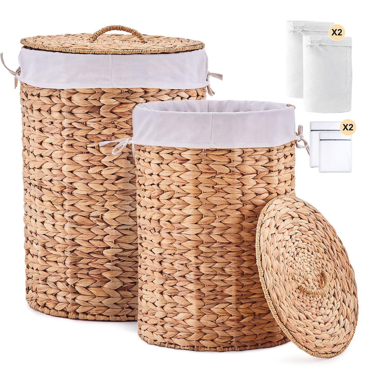 Round Water Hyacinth Laundry Hamper with Lid Handwoven Wicker Basket with Handles for Dirty Clothes, Storage, and Organization Ideal for Bedroom, Bathroom, and Laundry Room, No Assembly Required, 60L