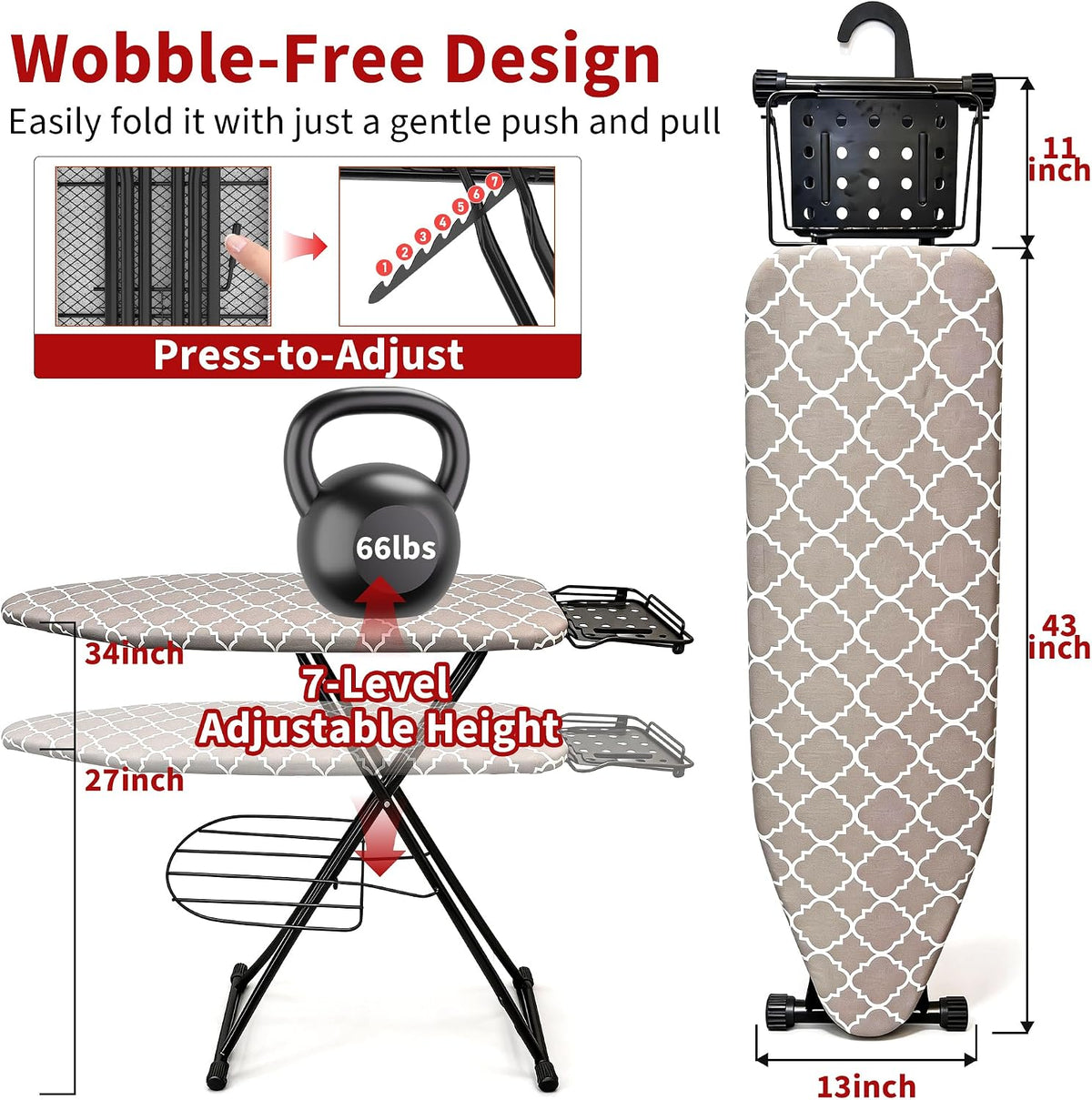 Ironing Board, 43"×13" with Iron Rest, 7 Adjustable Height & Clothes Shelf