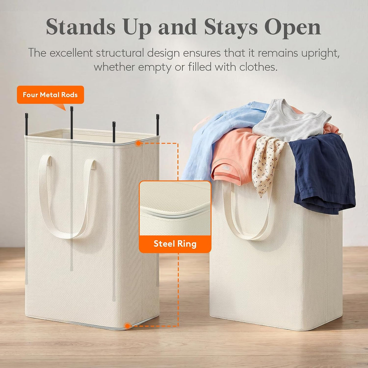 Lifewit Slim Collapsible Laundry Basket with Handles, 50L, Beige