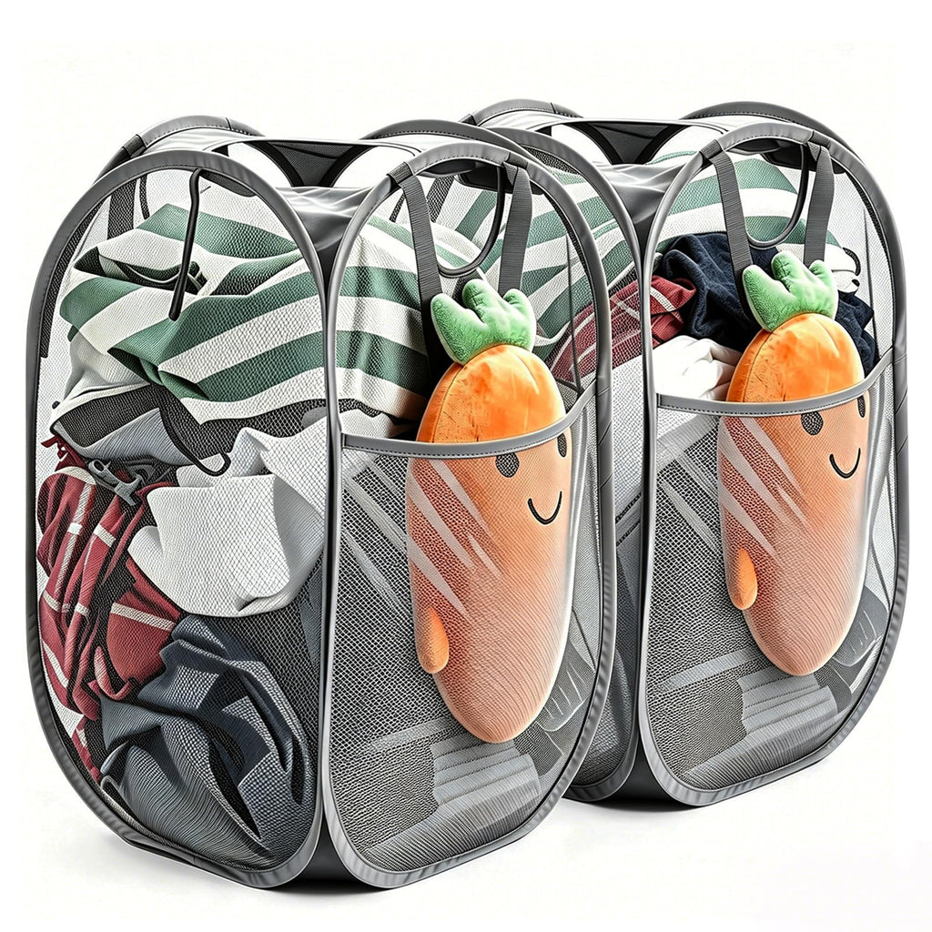 Upgraded Polyester Pop-up Laundry Hamper 2 Pack, 70L(18.5 Gal) Laundry Basket with Durable Handles Solid Bottom High Carbon Steel Frame and Side Pocket, Easy to Open Fold Flat for Storage