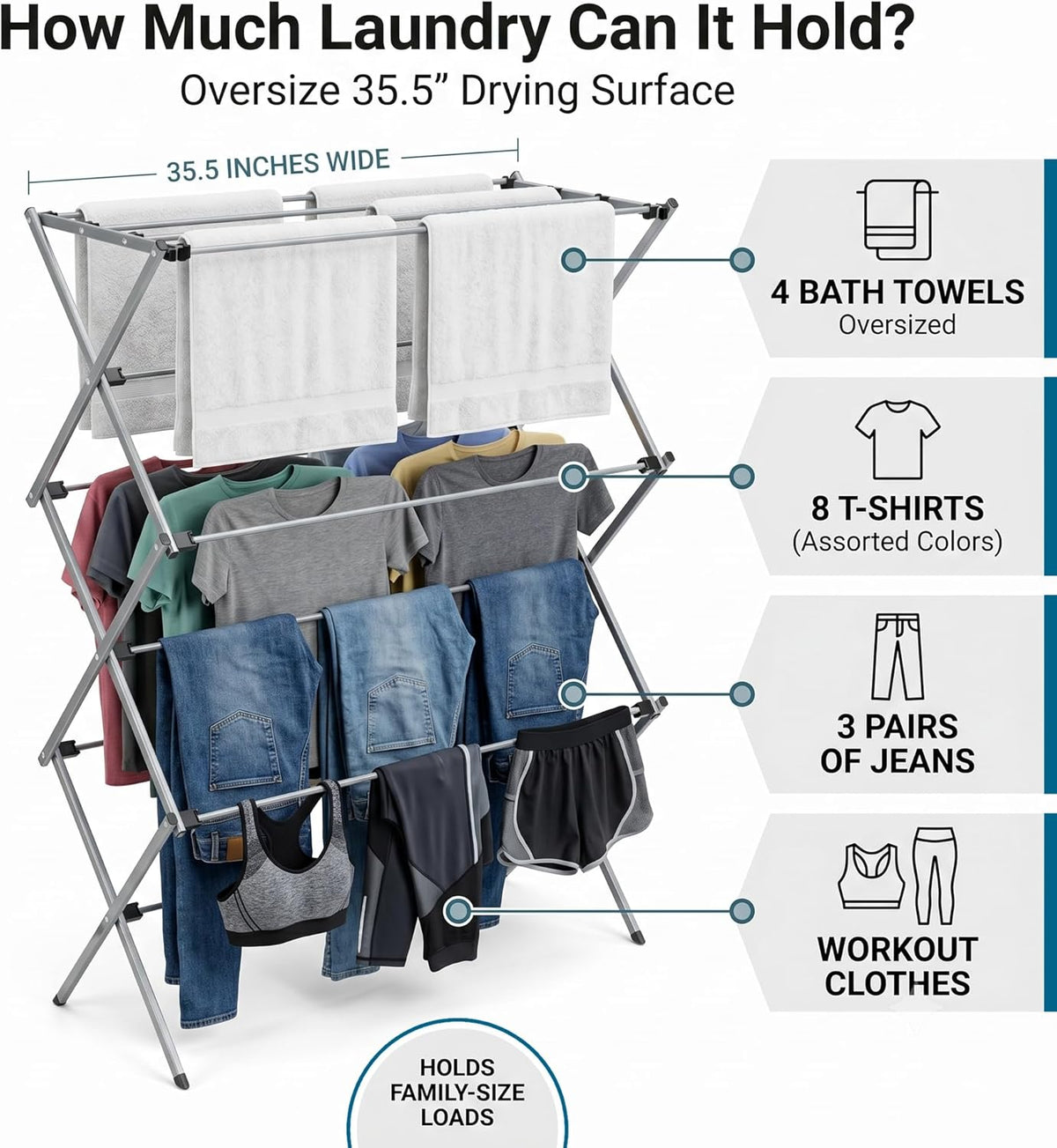 Honey-Can-Do Oversized Collapsible Clothes Drying Rack, 35", 50 lb, Grey