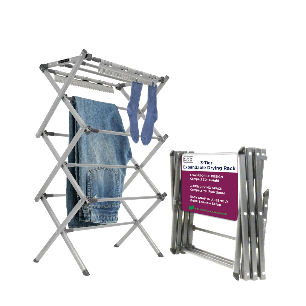 BLACK+DECKER Space Saving 3-Tier Expandable Clothes Drying Rack, Foldable Laundry Rack for Indoor Air Drying, Rust Resistant Steel, 24.6 Ft Drying Space, Grey