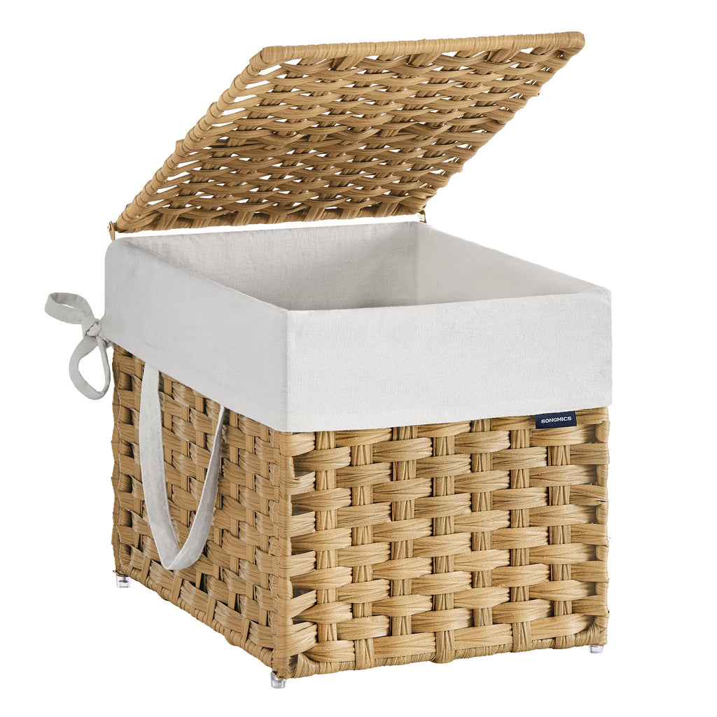 SONGMICS Laundry Hamper with Lid, 17.2 Gallon (65 L) Synthetic Rattan Clothes Laundry Basket with Lid and Handles, Foldable, Removable Liner, Goose Yellow ULCB165N01