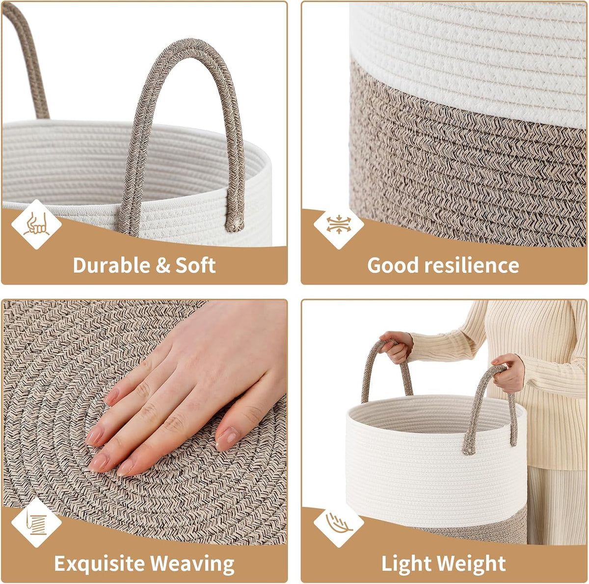 Laundry Basket Hamper Tall Rope Storage Woven for Blanket Toys Dirty Clothes in Living Room Bathroom Bedroom White & Brown 60L/15.8Gal