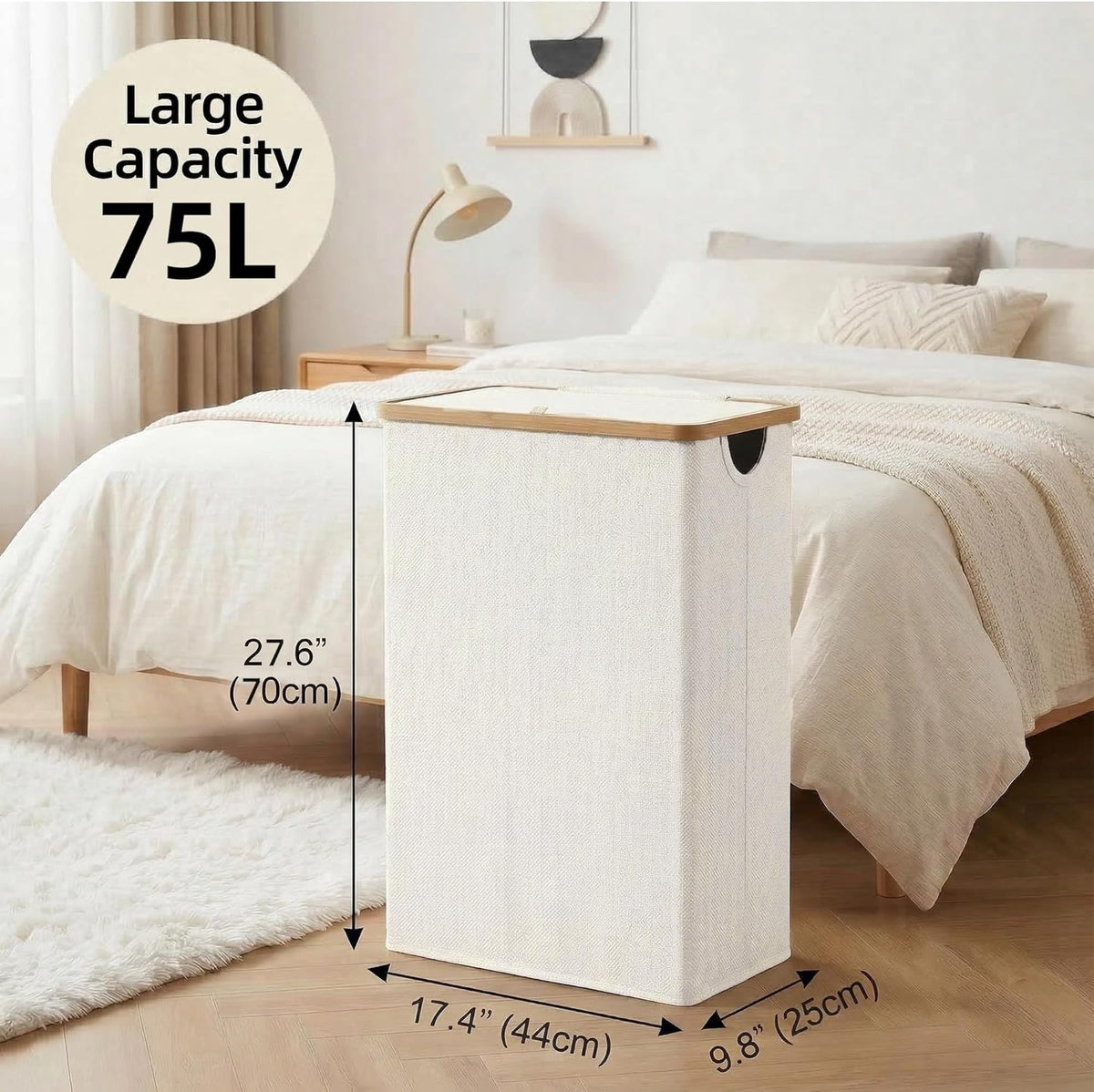 efluky Slim Laundry Basket with Lid, Narrow Laundry Hamper with Removable Bag, Skinny Dirty Clothes Basket with Bamboo Handles for Bathroom, Bedroom & Laundry Room, 75L Beige