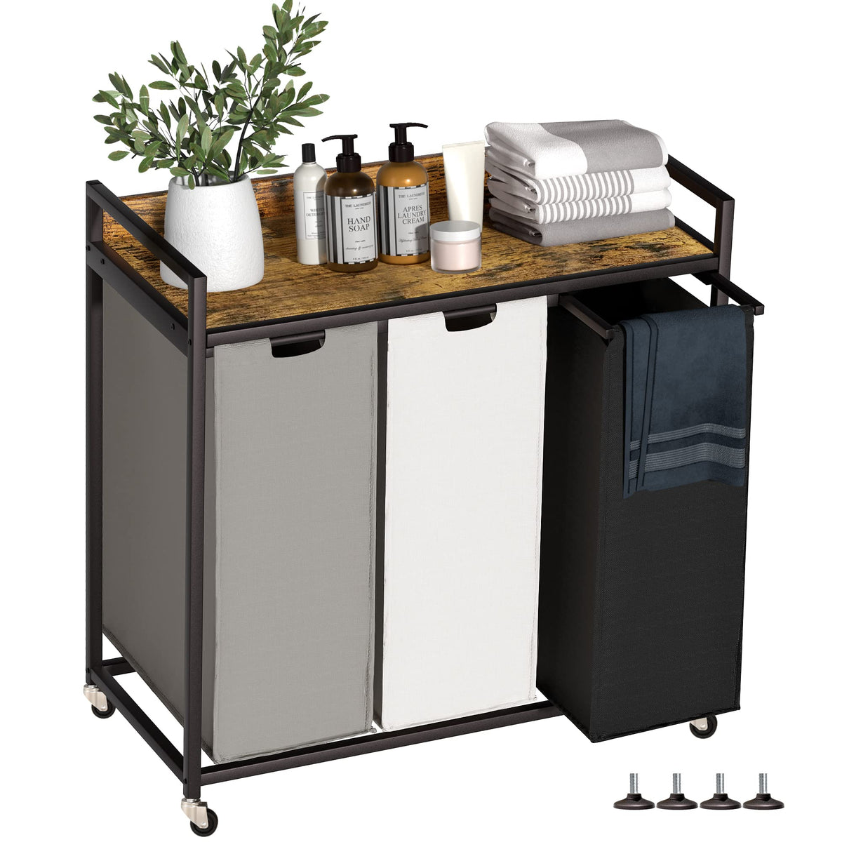 Herture Laundry Hamper with Shelf, Laundry Basket 4 Section, Laundry Sorter with Pull-Out Removable Large 4 Color Bags and Movable Wheels, Metal Frame, 4 x 15.87 Gallons (60L), Rustic Brown PF07XLN