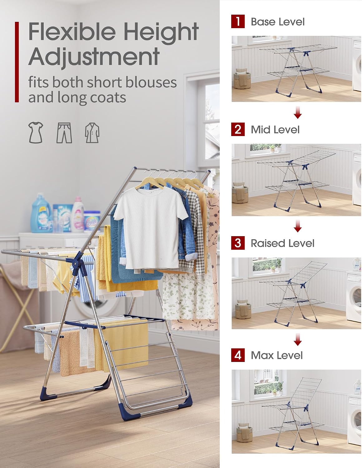 Sakugi Clothes Drying Rack, Foldable 2-Level with 55.5" Adjustable Wings