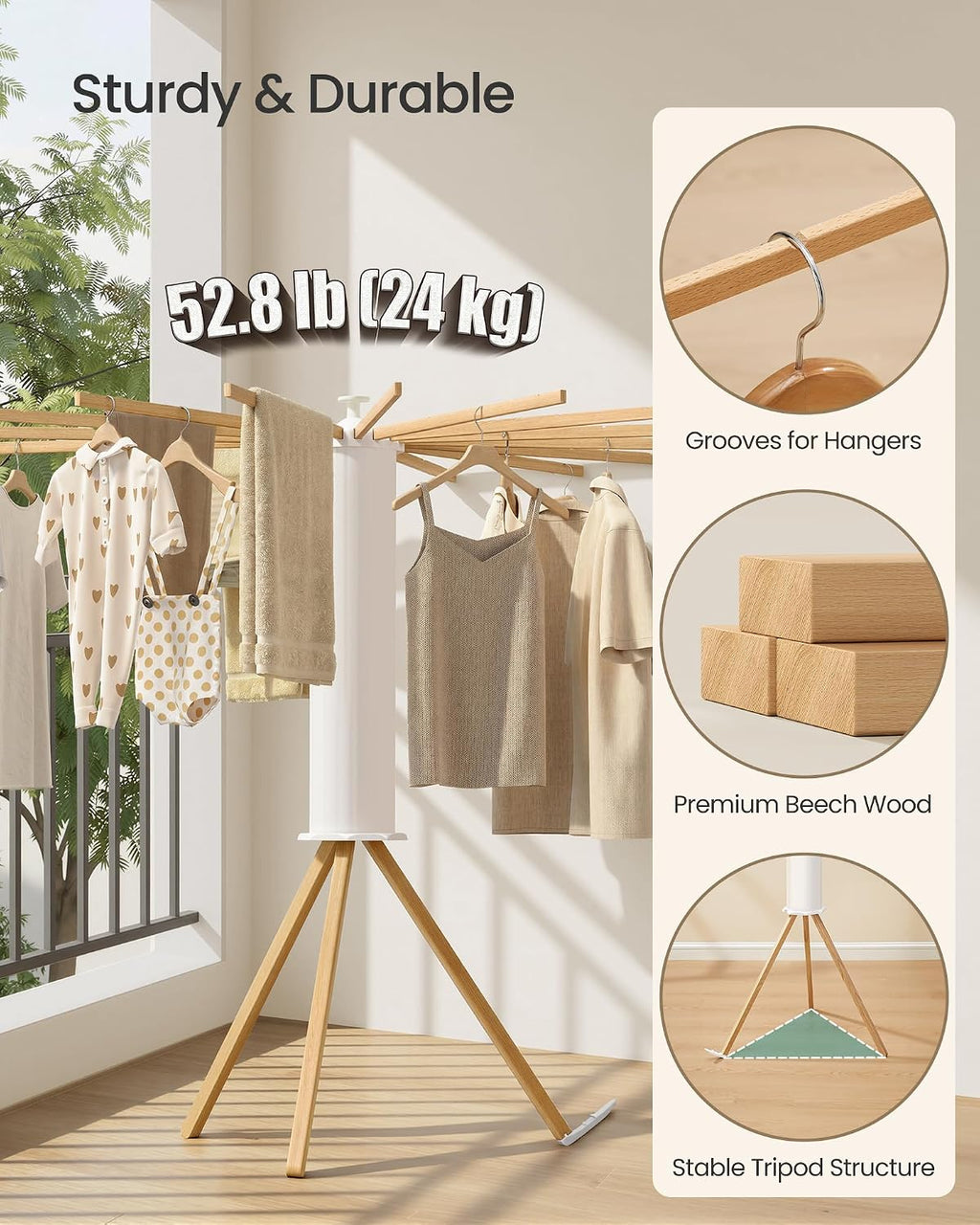 SONGMICS Clothes Drying Rack, Foldable Rotary Tripod, 16 Pull-Out Wood Arms