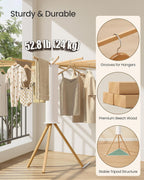 SONGMICS Clothes Drying Rack, Foldable Rotary Tripod, 16 Pull-Out Wood Arms