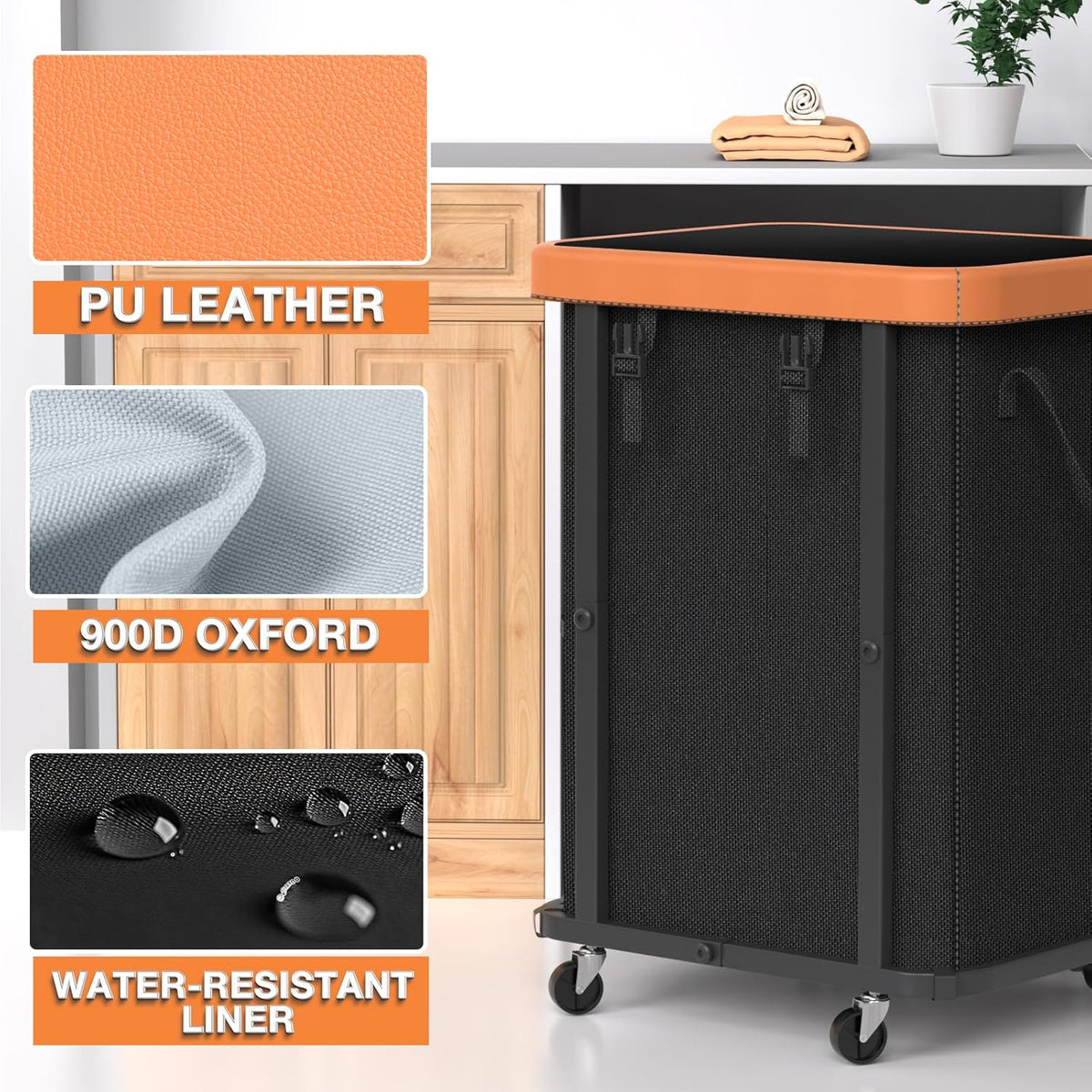 Laundry Hamper with Wheels,150L Leather Patchwork Clothes Hamper Black