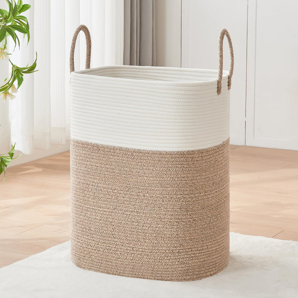 Large Laundry Hamper Basket, 85L Cotton Rope Woven Storage Bin for Blankets, Dirty Clothes Toys, Decorative Tall Basket with Leather Handles for Living Room, Bedroom, Bathroom, Nursery, Jute