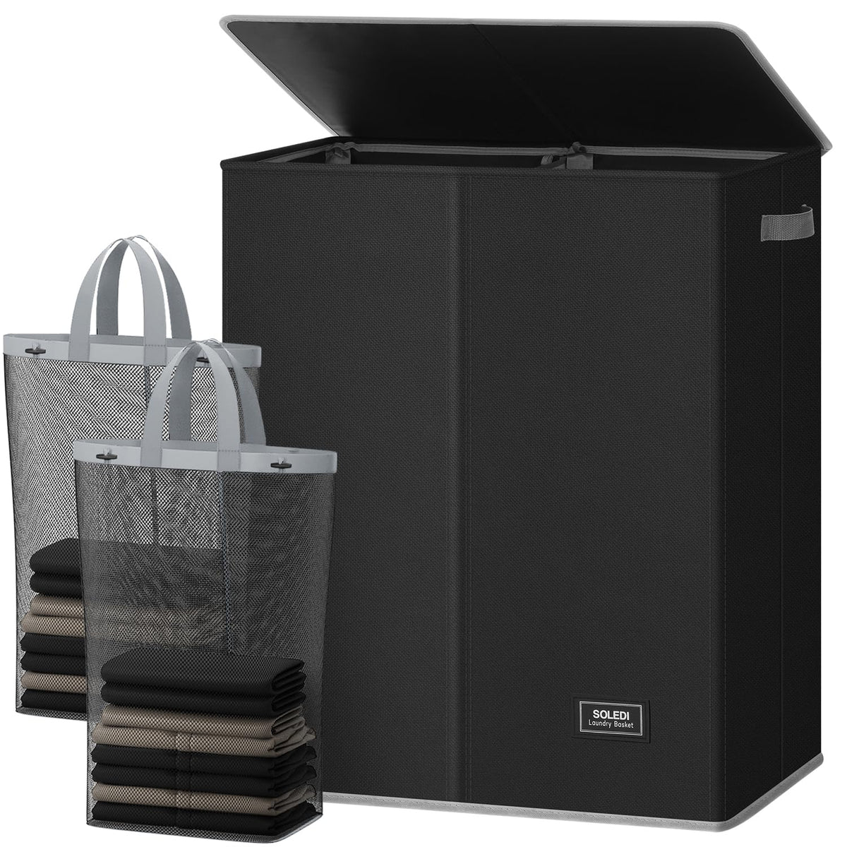 SOLEDI Luxury Double Laundry Hamper with Lid and Removable Bags, 38.3 Gal Large Laundry Bin, Laundry Basket 2 Sections, Collapsible Clothes Hamper for Bedroom, Laundry Room, Bathroom, Off-white
