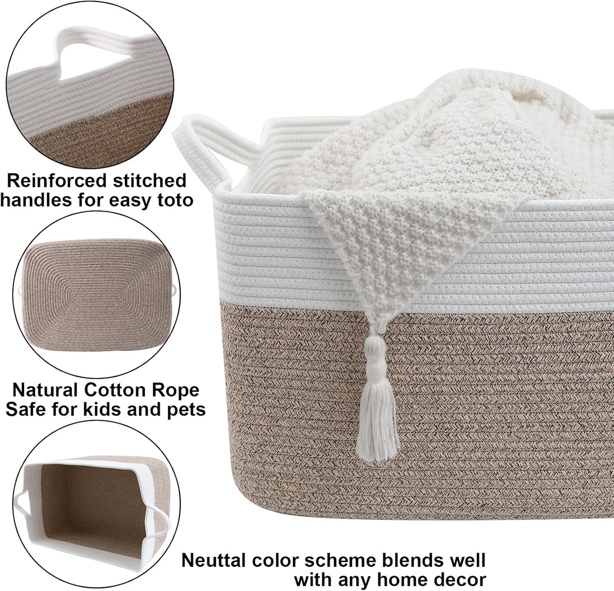 65L Laundry Basket with Handles, Woven Blanket Basket, White/Brown