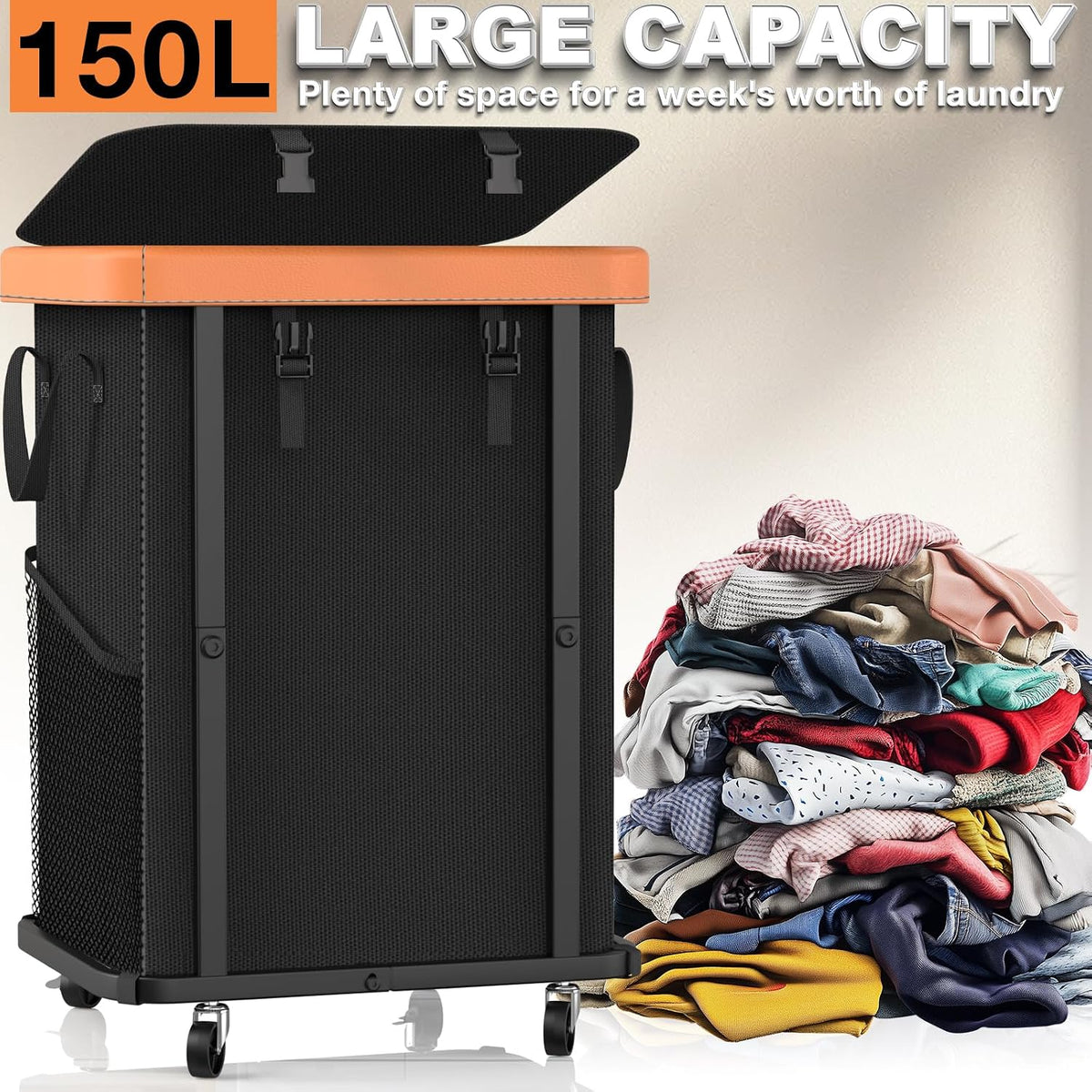 Laundry Hamper with Wheels,150L Leather Patchwork Clothes Hamper Black