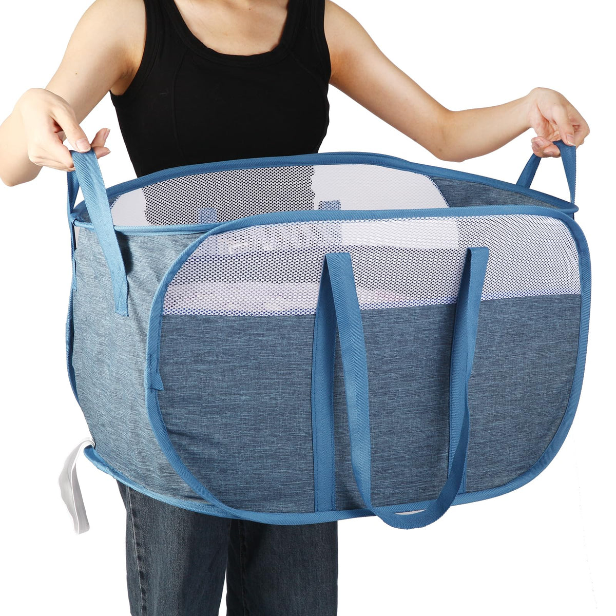 2 Pcs Collapsible Laundry Baskets, Tear Proof Pop Up Laundry Hamper with Dual Handles, Durable Foldable Laundry Basket, Easy to Carry Laundry Hamper for Home, Laundry Room, Bedroom, Dorm, Travel Blue