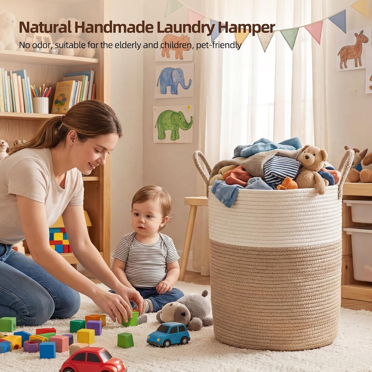 OIAHOMY 60L Nursery Hamper Laundry Basket Laundry Hamper Brown/White