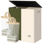 SOLEDI Luxury Double Laundry Hamper with Lid and Removable Bags, 38.3 Gal Large Laundry Bin, Laundry Basket 2 Sections, Collapsible Clothes Hamper for Bedroom, Laundry Room, Bathroom, Off-white