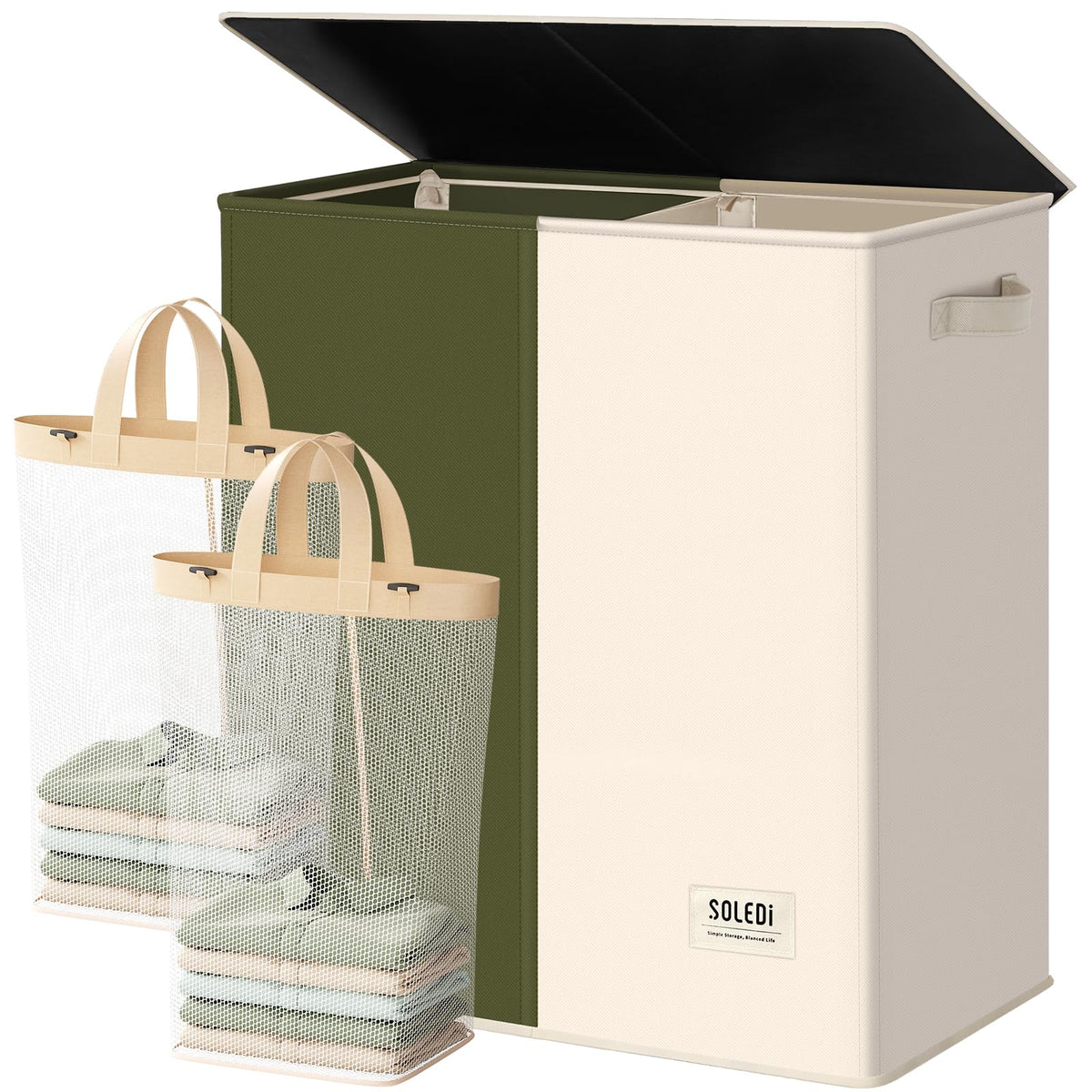 SOLEDI Luxury Double Laundry Hamper with Lid and Removable Bags, 38.3 Gal Large Laundry Bin, Laundry Basket 2 Sections, Collapsible Clothes Hamper for Bedroom, Laundry Room, Bathroom, Off-white