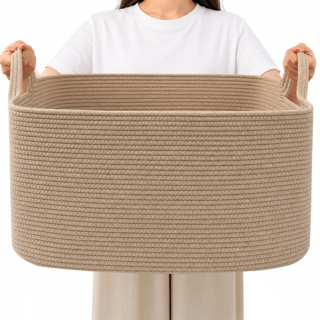 65L Laundry Basket with Handles, Woven Blanket Basket, White/Brown