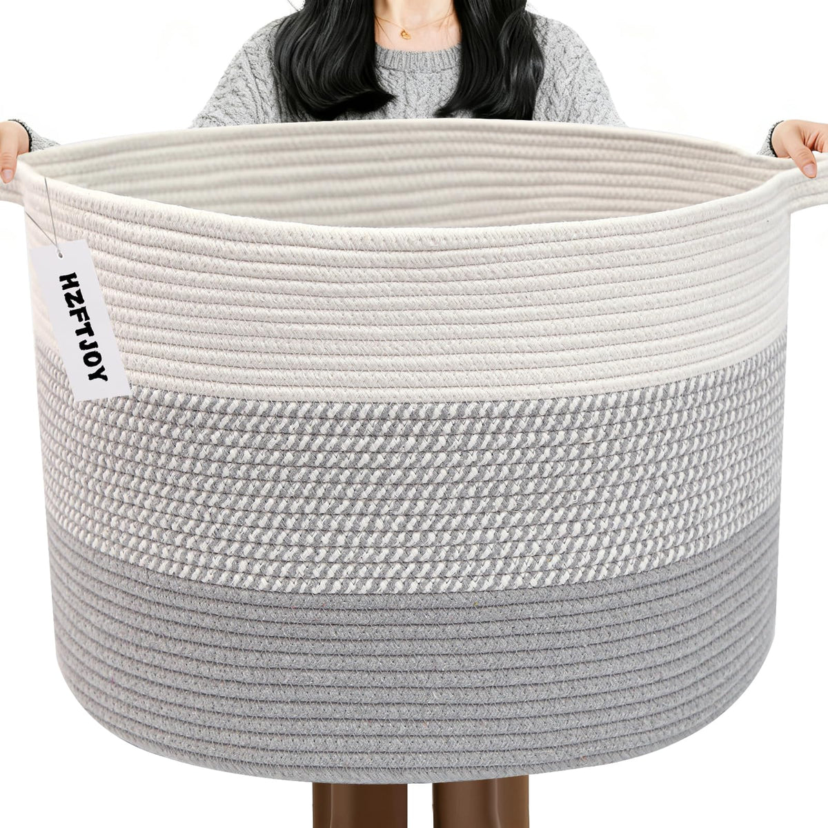 Large Woven Blanket Basket,65L Cotton Rope Laundry Basket