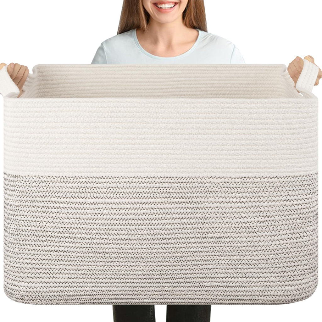 OIASKET 108L Cotton Rope Storage Basket for Living Room and Bedroom 25"x16"x16" Woven Laundry Basket, Heavy Duty Bin for Blankets, Pillows & Toys, Pet-Safe & Scratch-Free, Brown and White