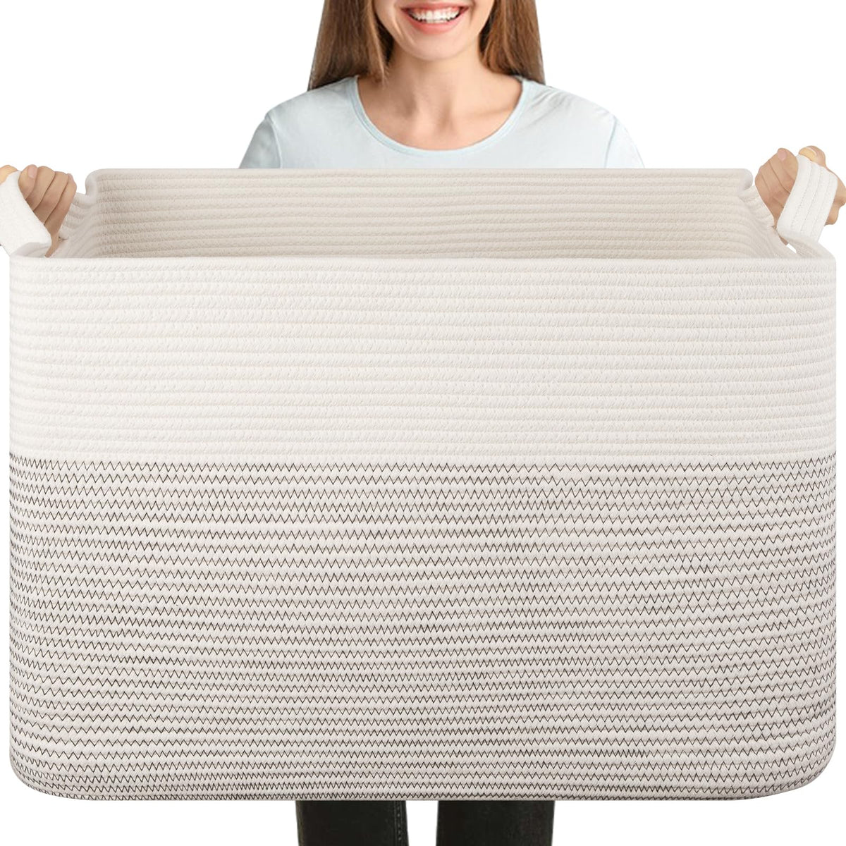 OIASKET 108L Cotton Rope Storage Basket for Living Room and Bedroom 25"x16"x16" Woven Laundry Basket, Heavy Duty Bin for Blankets, Pillows & Toys, Pet-Safe & Scratch-Free, Brown and White