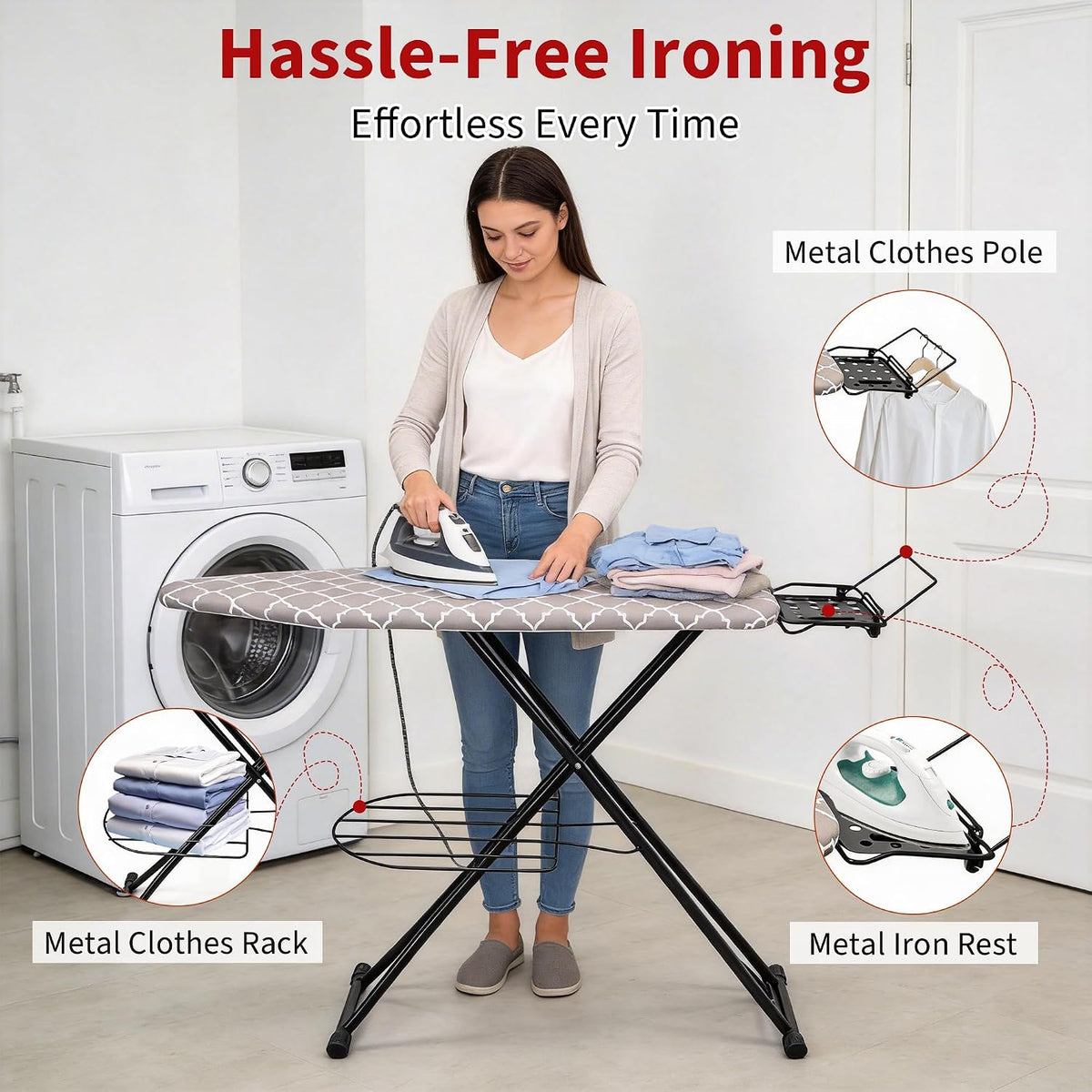 Ironing Board, 43"×13" with Iron Rest, 7 Adjustable Height & Clothes Shelf