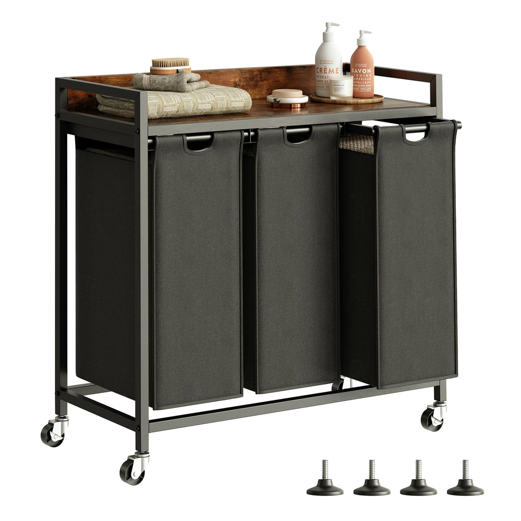 Herture Laundry Hamper with Shelf, Laundry Basket 4 Section, Laundry Sorter with Pull-Out Removable Large 4 Color Bags and Movable Wheels, Metal Frame, 4 x 15.87 Gallons (60L), Rustic Brown PF07XLN