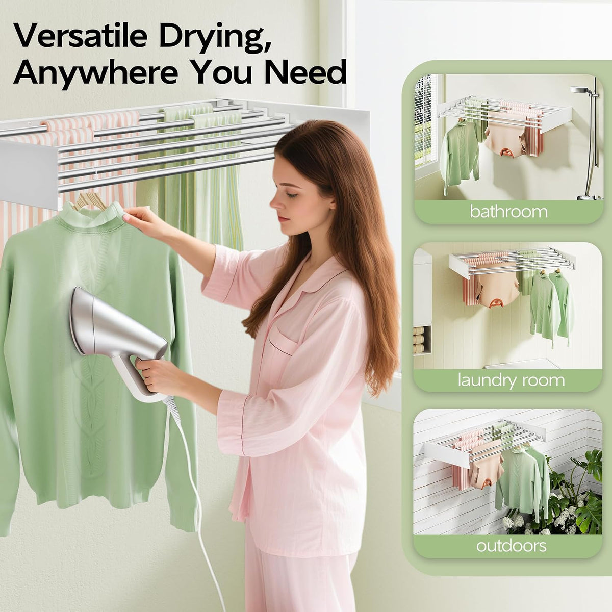 Vikaqi Wall Mounted Clothes Drying Rack 40 inches, Foldable Wall Mount Laundry Rack Folding Indoor, Drying Rack Clothing Collapsible, Hidden Space Saver with Wall Template, 6 Rods, White