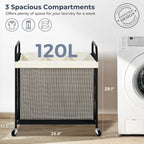 STO STO Laundry Hamper 3 Section, 120L Rolling Laundry Sorter Cart with Removable and Washable Liner Bag, Clothes Hamper with Wheels and Metal Handle for Laundry Room and Bedroom