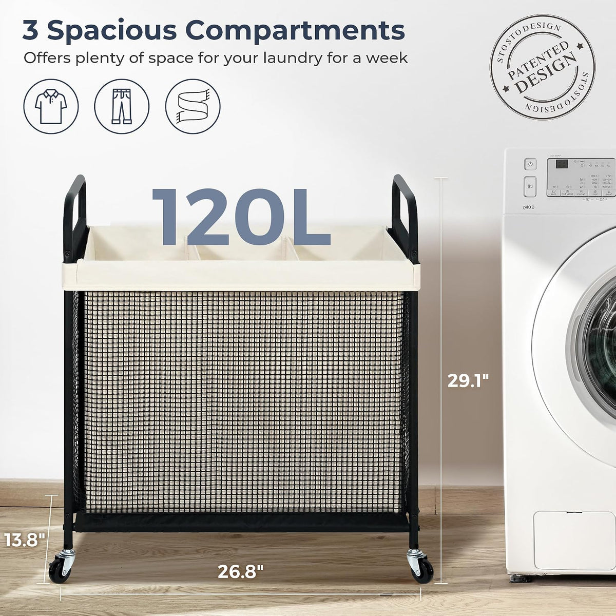 STO STO Laundry Hamper 3 Section, 120L Rolling Laundry Sorter Cart with Removable and Washable Liner Bag, Clothes Hamper with Wheels and Metal Handle for Laundry Room and Bedroom