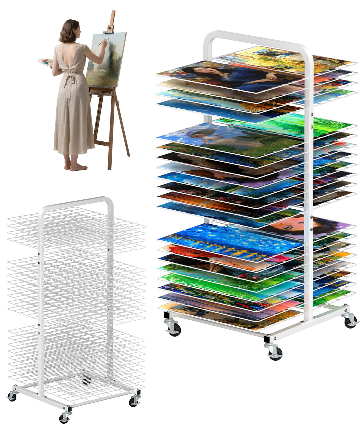 Art Drying Rack with 25 Removable Shelves, Mobile Metal Paint Drying Stand with Lockable Wheels, Functional Canvas Rack Art Storage for Artwork in Classrooms, Art Studios and Schools, Black