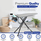 BKTD Extra-Wide Ironing Board – 48"×18" Large Surface (57" w/Iron Rest) • Built-in Clothes Rack, Hanger & Cord Holder • Heat-Resistant Cover • Heavy-Duty, No Wobble • Adjustable Height • Black Grey.