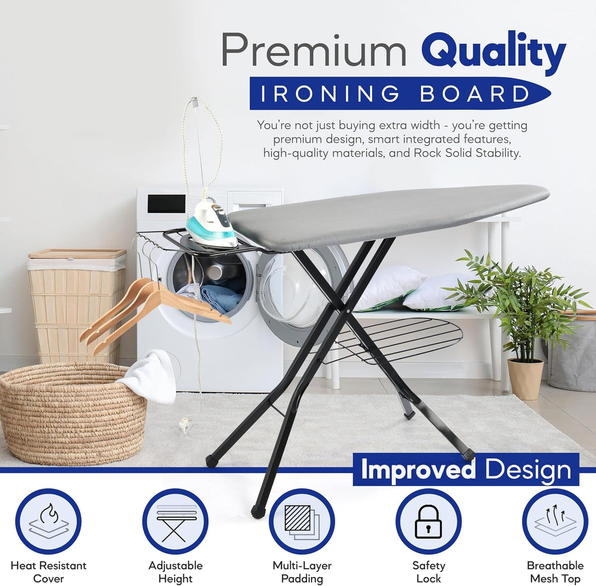 BKTD Extra-Wide Ironing Board – 48"×18" Large Surface (57" w/Iron Rest) • Built-in Clothes Rack, Hanger & Cord Holder • Heat-Resistant Cover • Heavy-Duty, No Wobble • Adjustable Height • Black Grey.