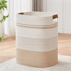 Large Laundry Hamper Basket, 85L Cotton Rope Woven Storage Bin for Blankets, Dirty Clothes Toys, Decorative Tall Basket with Leather Handles for Living Room, Bedroom, Bathroom, Nursery, Jute